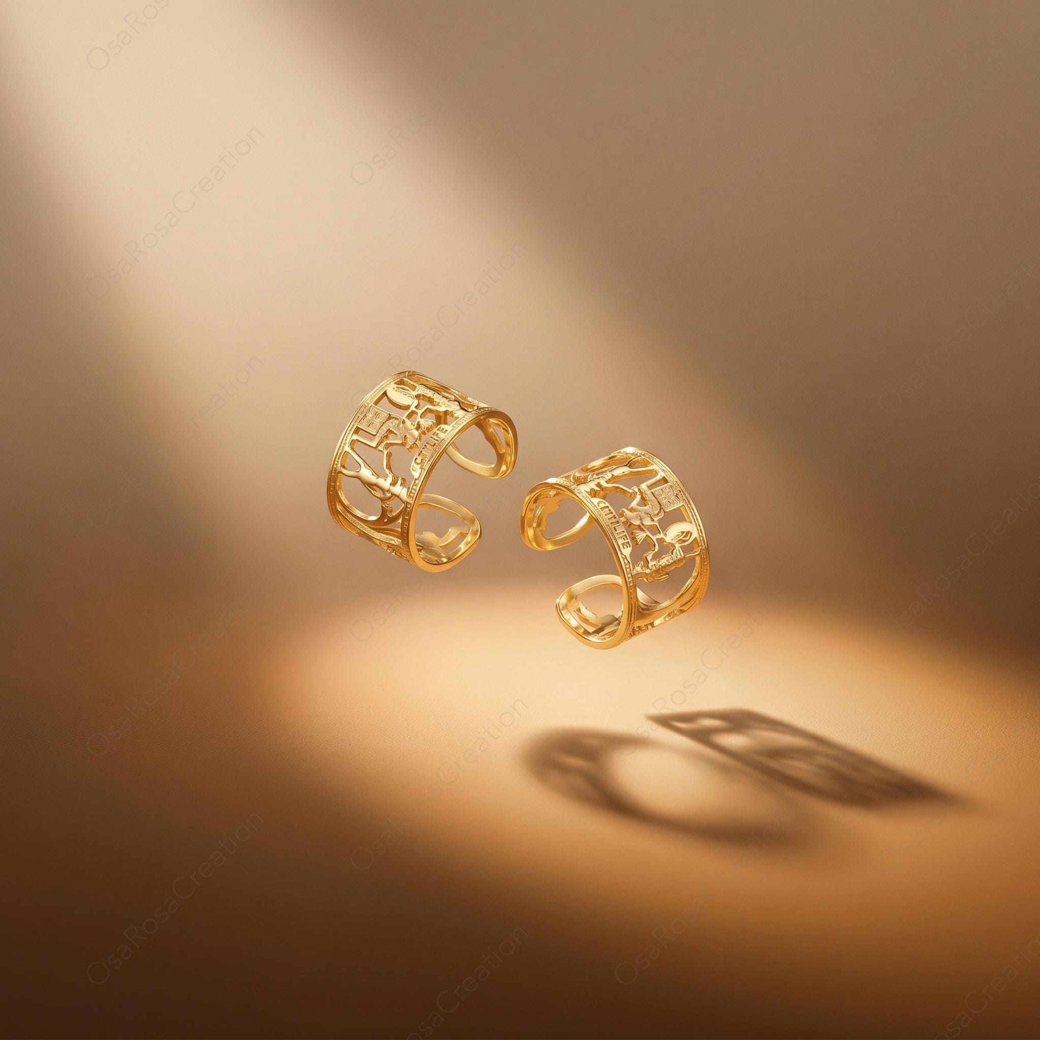 Gold Plated Copper Hieroglyphic Ring | Egyptian Nile Statement Jewelry (Adjustable)