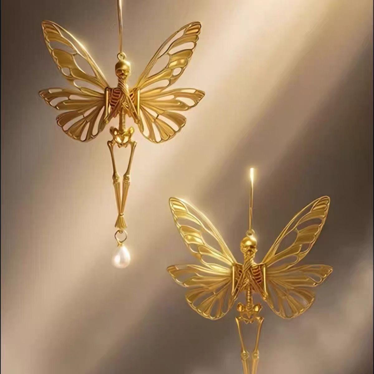 Butterfly Fairy Bone Earrings, Gold Pearl Drop, Ethereal Gothic