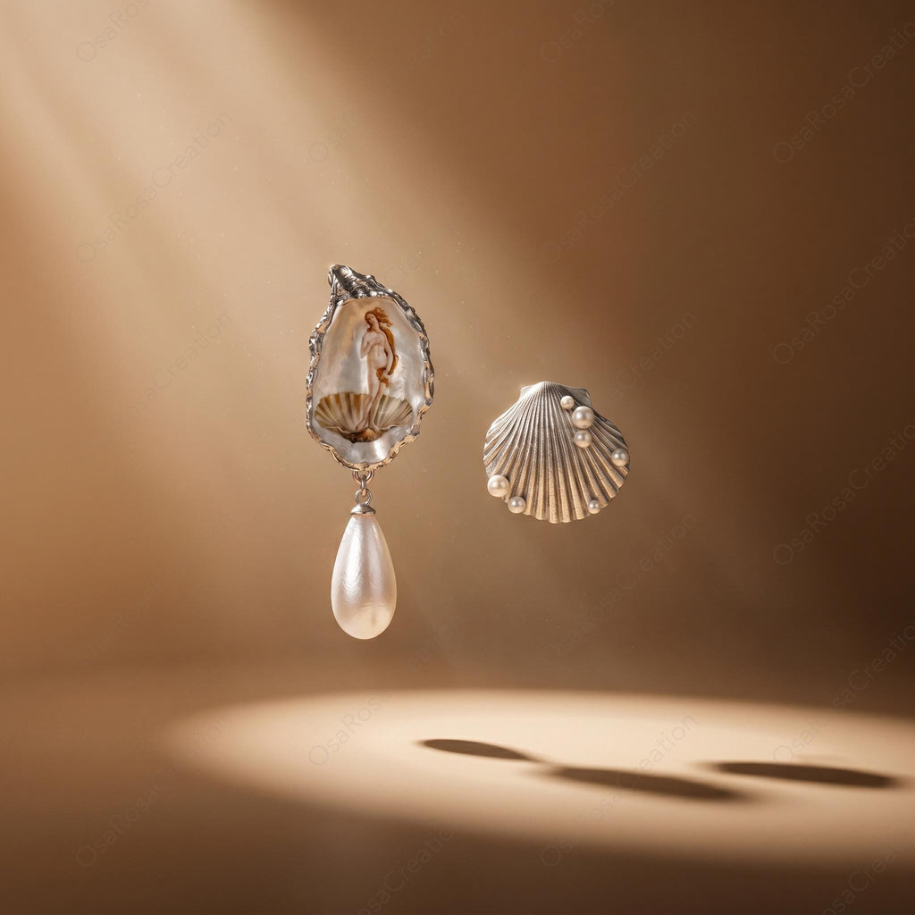 Renaissance Art Oyster Earrings | Silver Shell Pearl Drop Earrings | Vintage Museum Jewelry | Artistic Statement Dangle Earrings