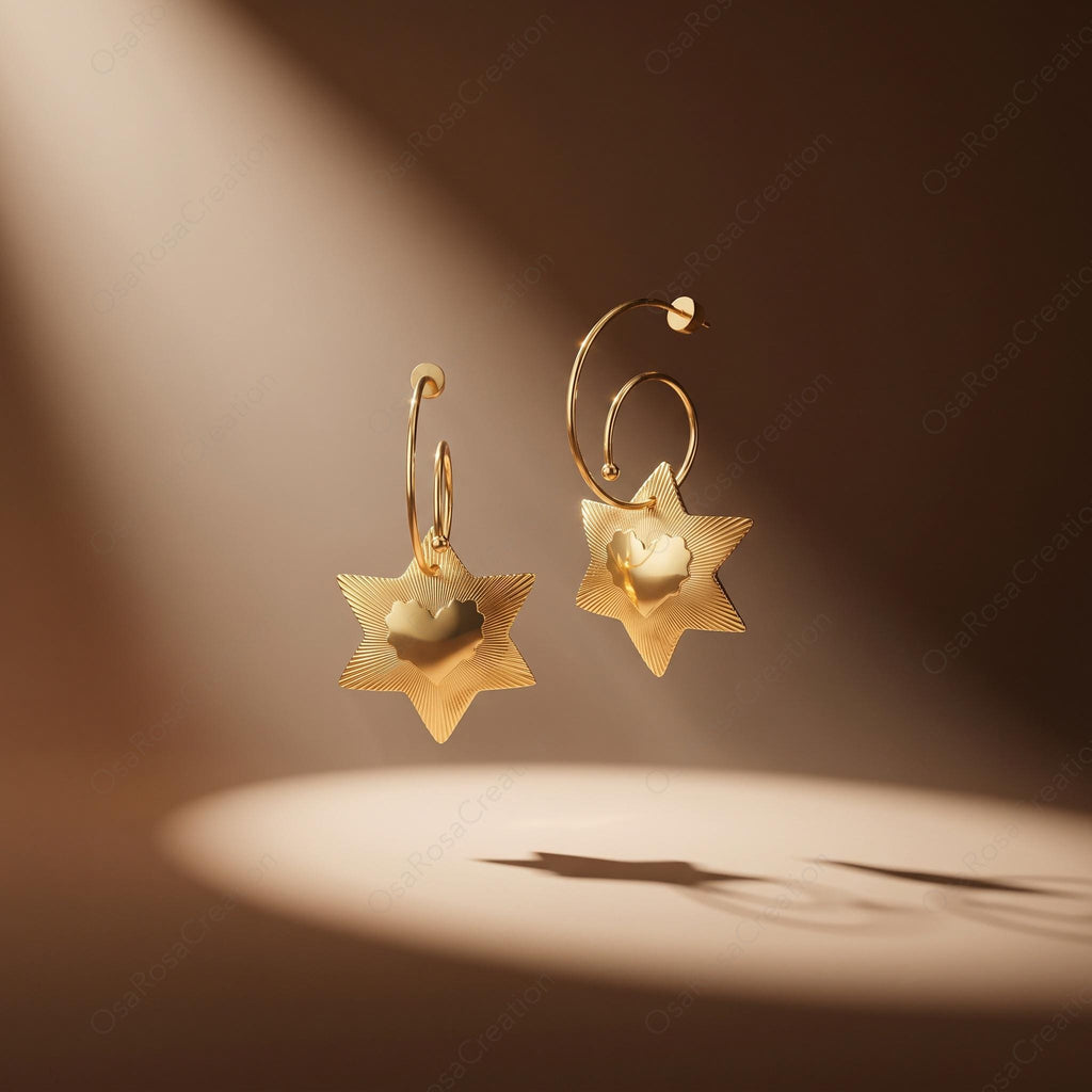 Gold Star Heart Hoop Earrings, Vintage Sunburst Celestial Dangle Jewelry