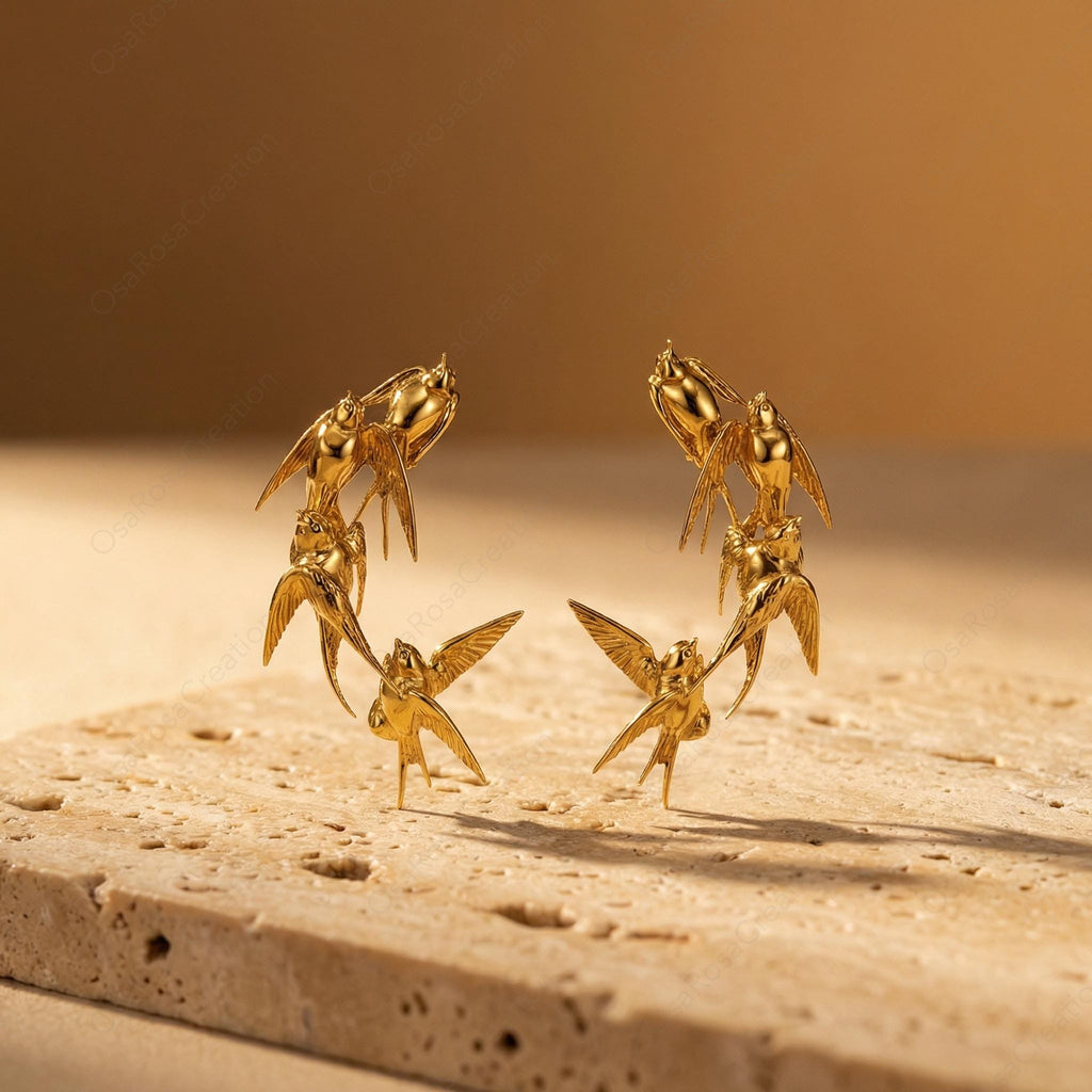 Gold Swallow Flock Earrings: Sculptural Bird Clip-on, Nature Inspired Artistic Jewelry