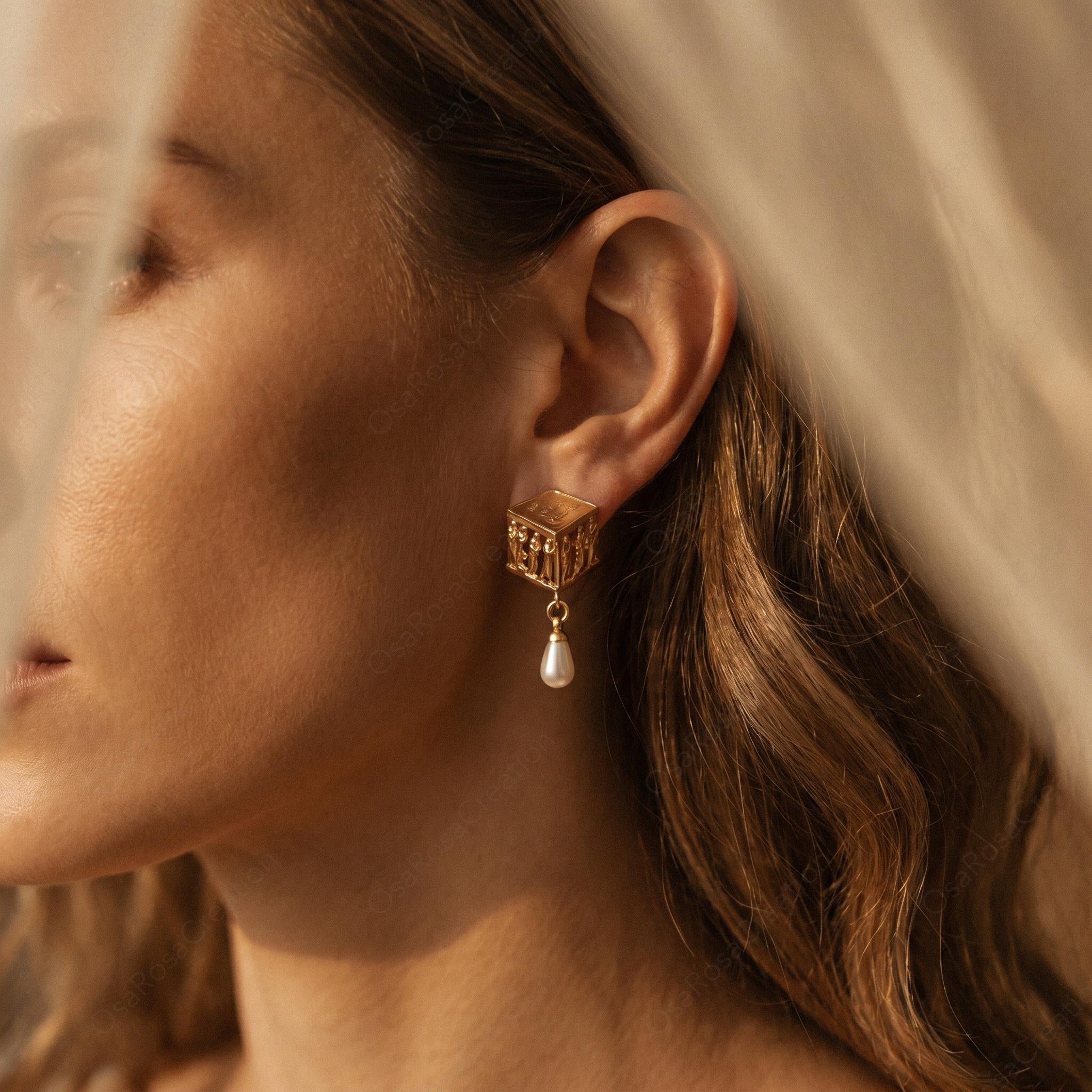 Ancient Greek Plato Academy Earrings | Museum Style Gold Earrings with Pearl Drop | Philosophy Inspired Jewelry