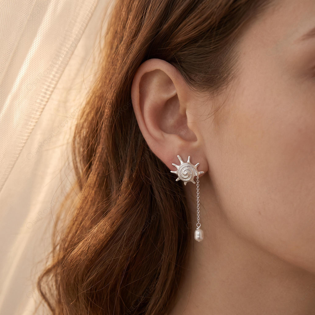 Silver Conch Shell Pearl Drop Earrings, Ocean Inspired Dangle Bridal Jewelry