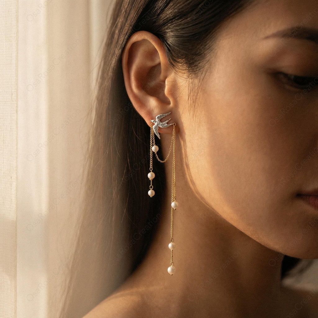 Silver Bird Pearl Drop Earrings: Nature Inspired Bridal Jewelry