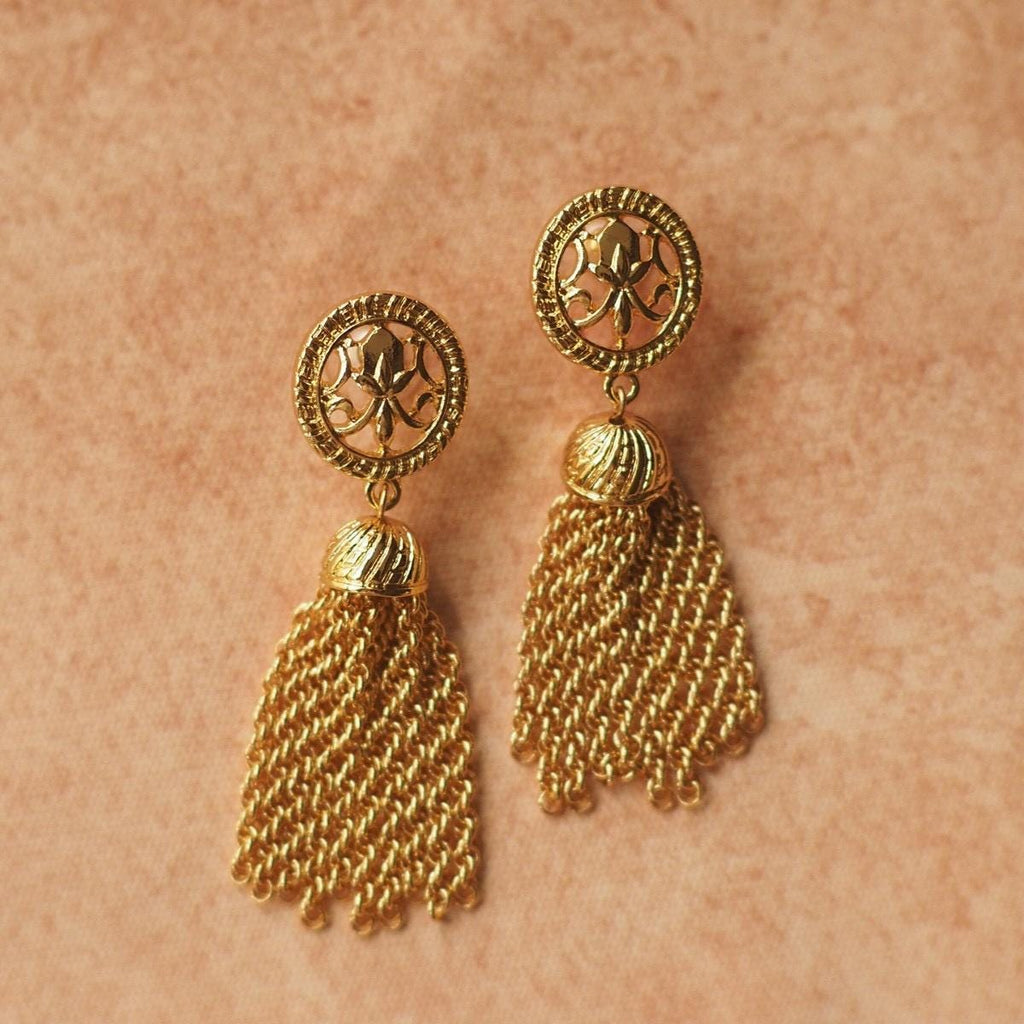 Gold Medallion Tassel Earrings | Ancient Coin Style, 925 Silver Posts
