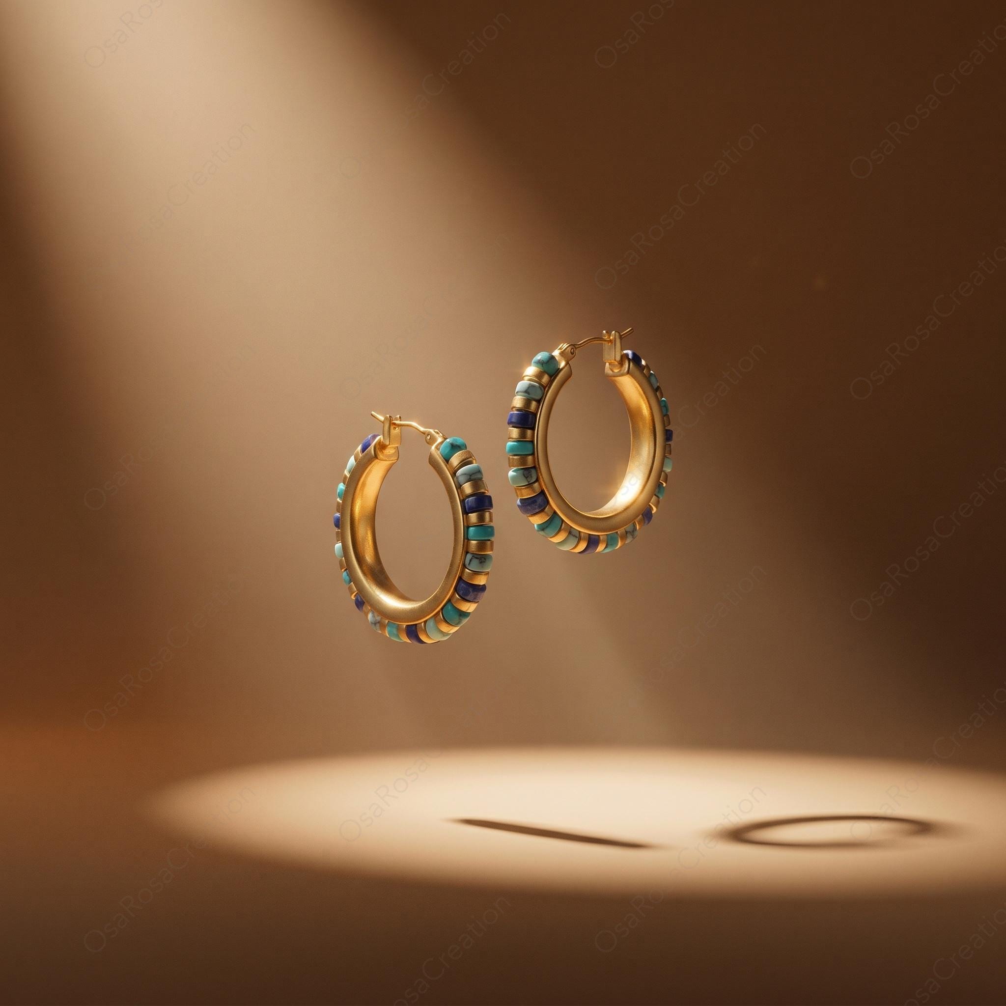 Turquoise Beaded Gold Hoop Earrings, Mediterranean Style Chunky Hoops, Lapis Lazuli Tone Vintage Earrings