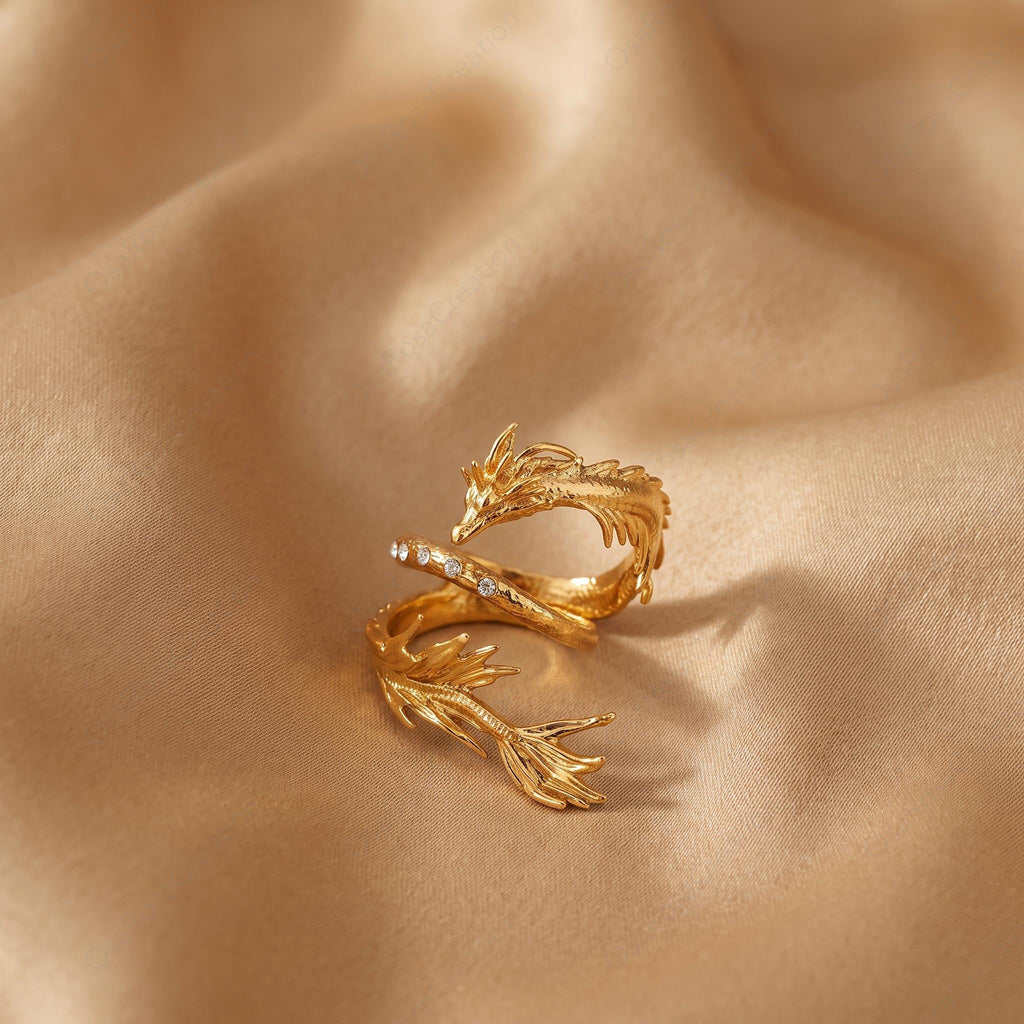 Gold Dragon Ring, Sculptural Wrap Ring, Elegant Mythical Jewelry, Artistic Animal Ring, Delicate Crystal Ring, Quiet Luxury Statement Piece
