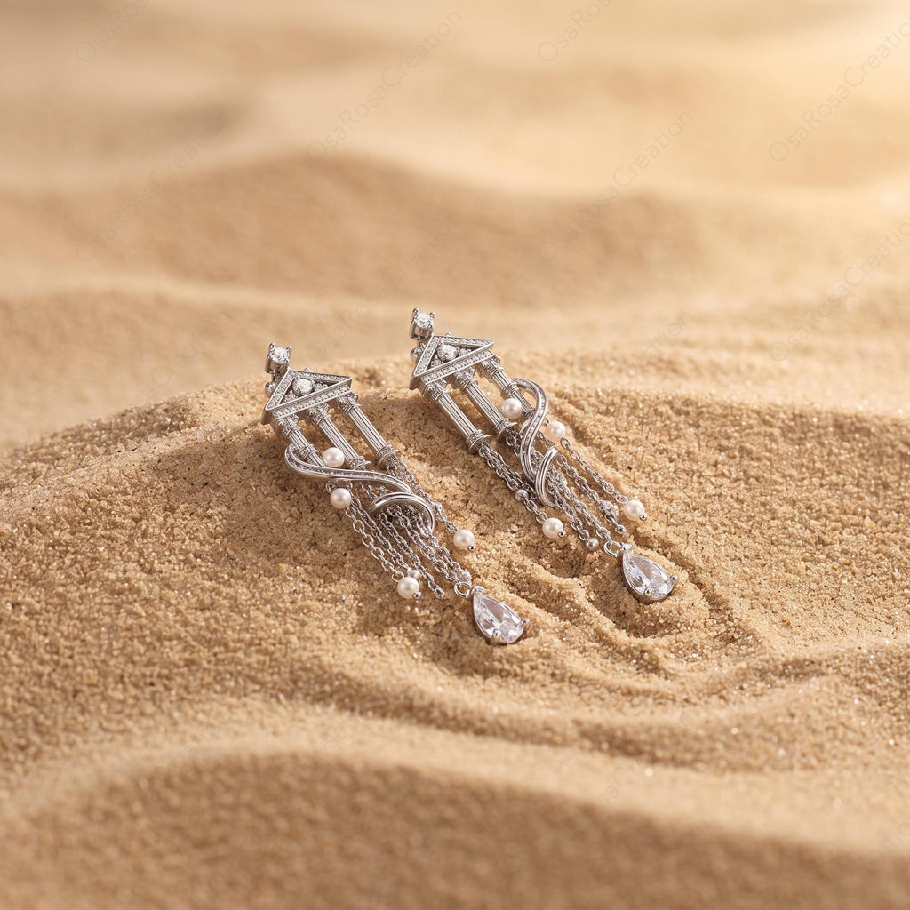 Architectural Drop Earrings, Silver Temple Dangle Earrings, Pearl Tassel Earrings, Classical Antiquity Jewelry, Elegant Statement Drop