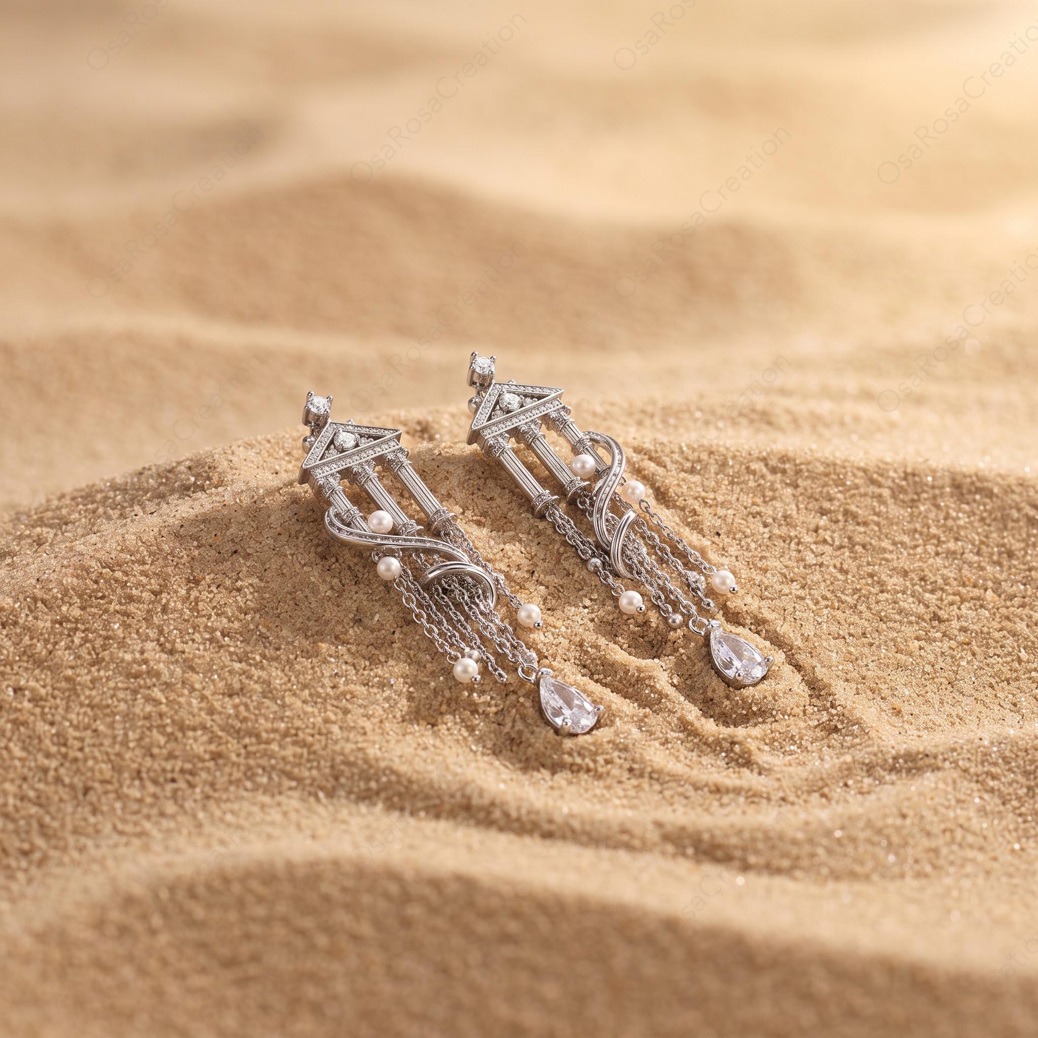 Architectural Drop Earrings, Silver Temple Dangle Earrings, Pearl Tassel Earrings, Classical Antiquity Jewelry, Elegant Statement Drop