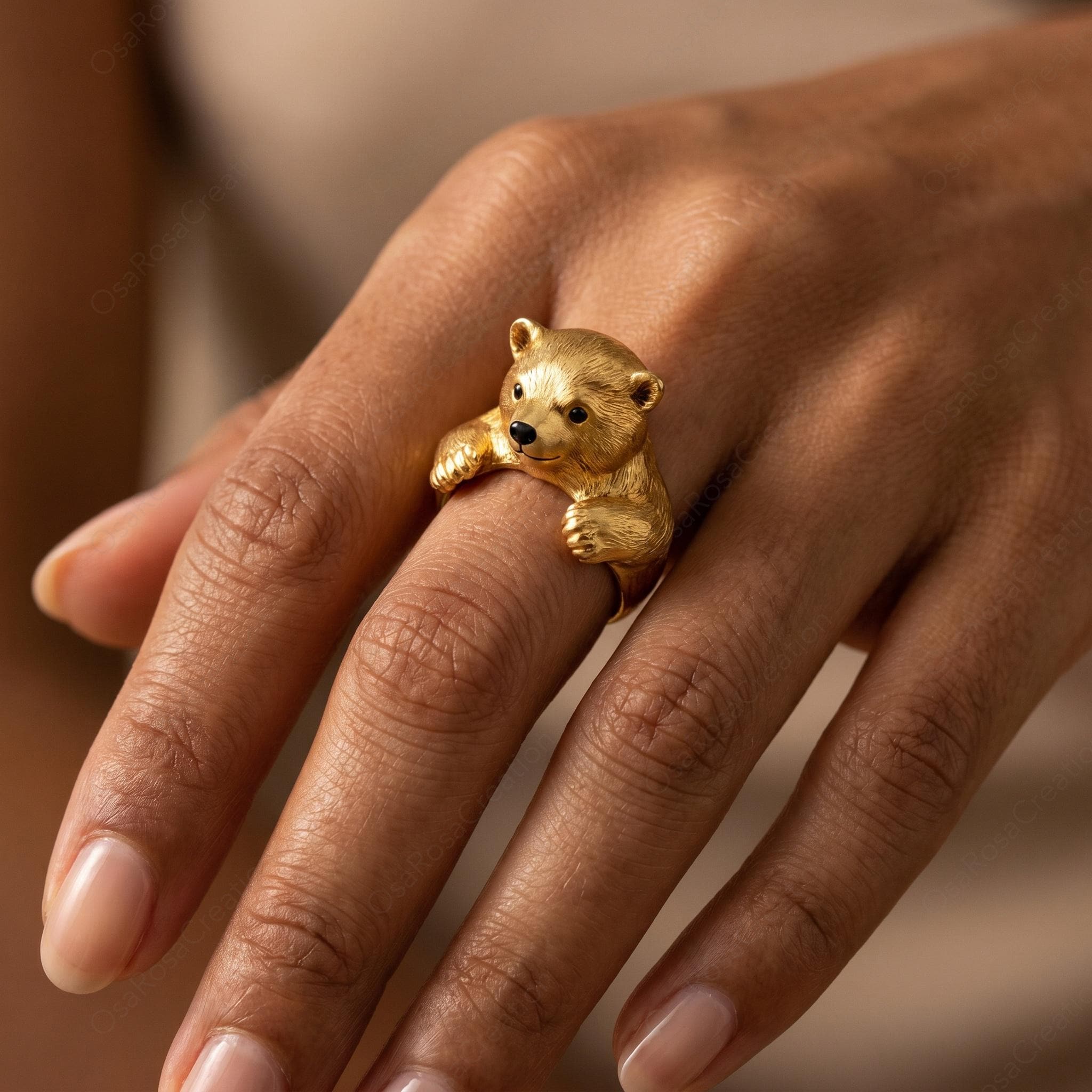Sculptural Gold Bear Ring | Woodland Animal Hugging Jewelry, Nature Inspired Gift