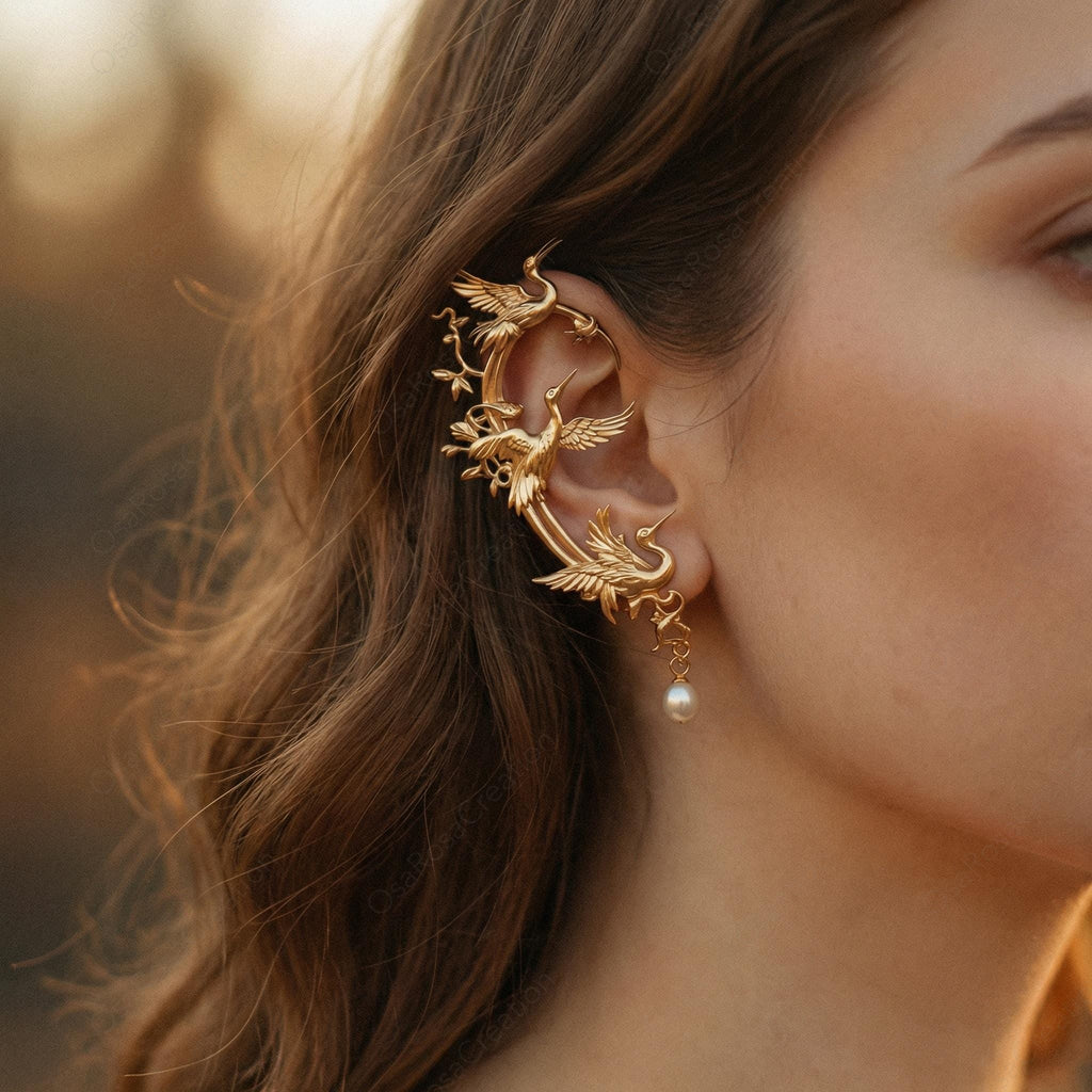 Gold Crane Ear Cuff with Pearl Drop – Art Nouveau Botanical Ear Wrap, Single Right Ear