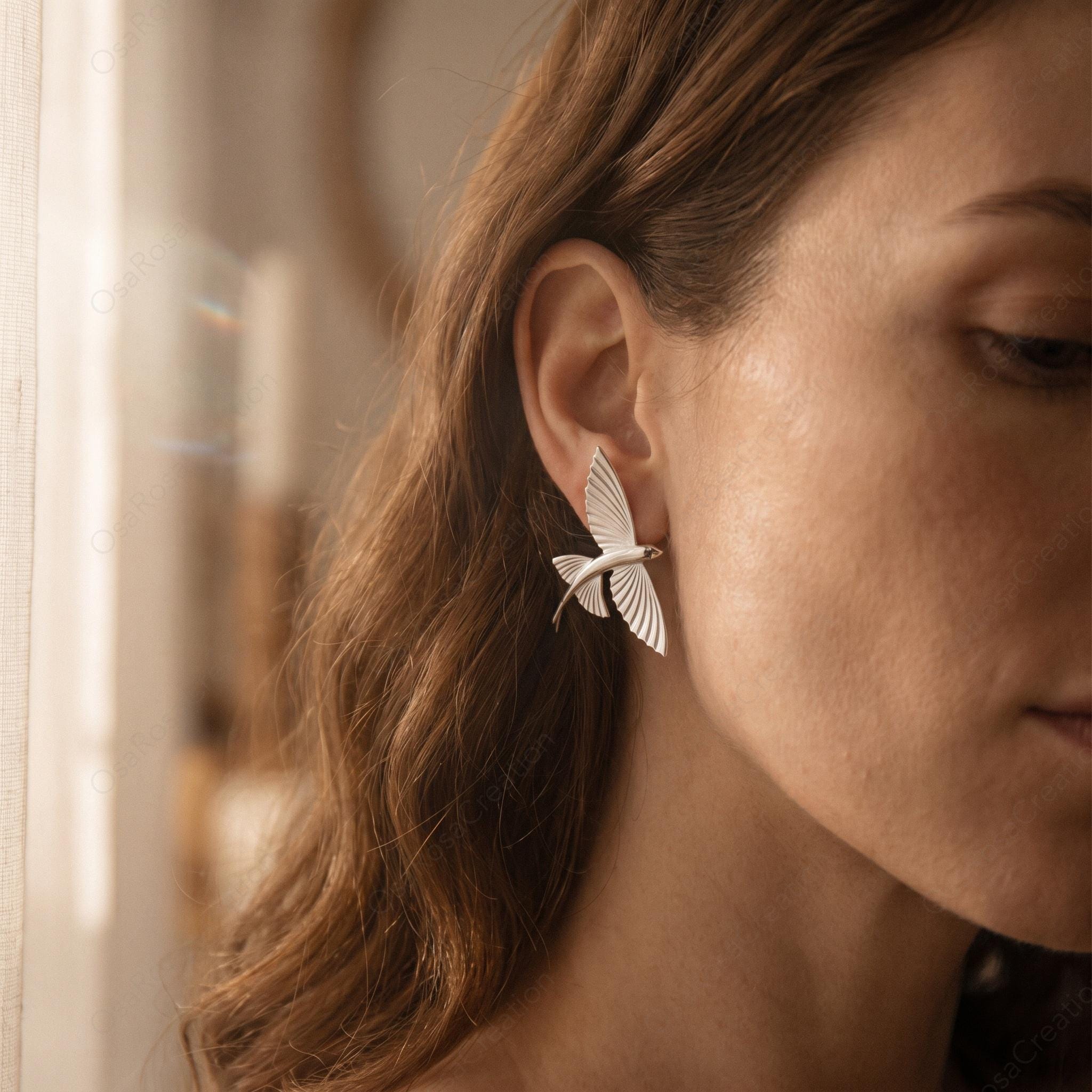 Sculptural Flying Fish Earrings, Silver Ocean Inspired Studs, Artistic Marine Life Jewelry, Nature Inspired Coastal Accessories
