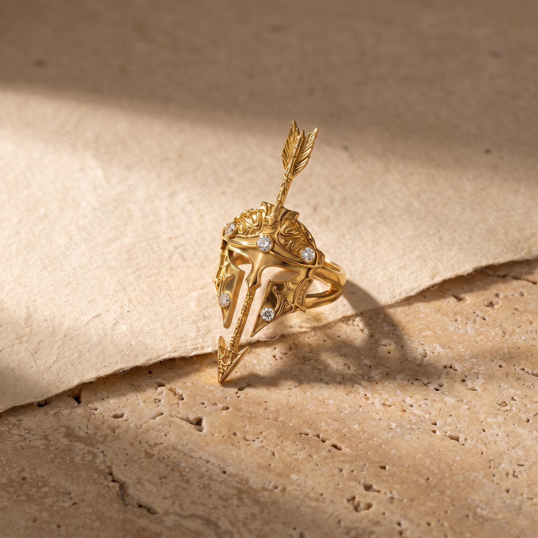 Spartan Helmet Gold Ring, Arrow Pierced Armor Jewelry, Classical Warrior Statement Ring, Sculptural Ancient Greek Inspired Ring