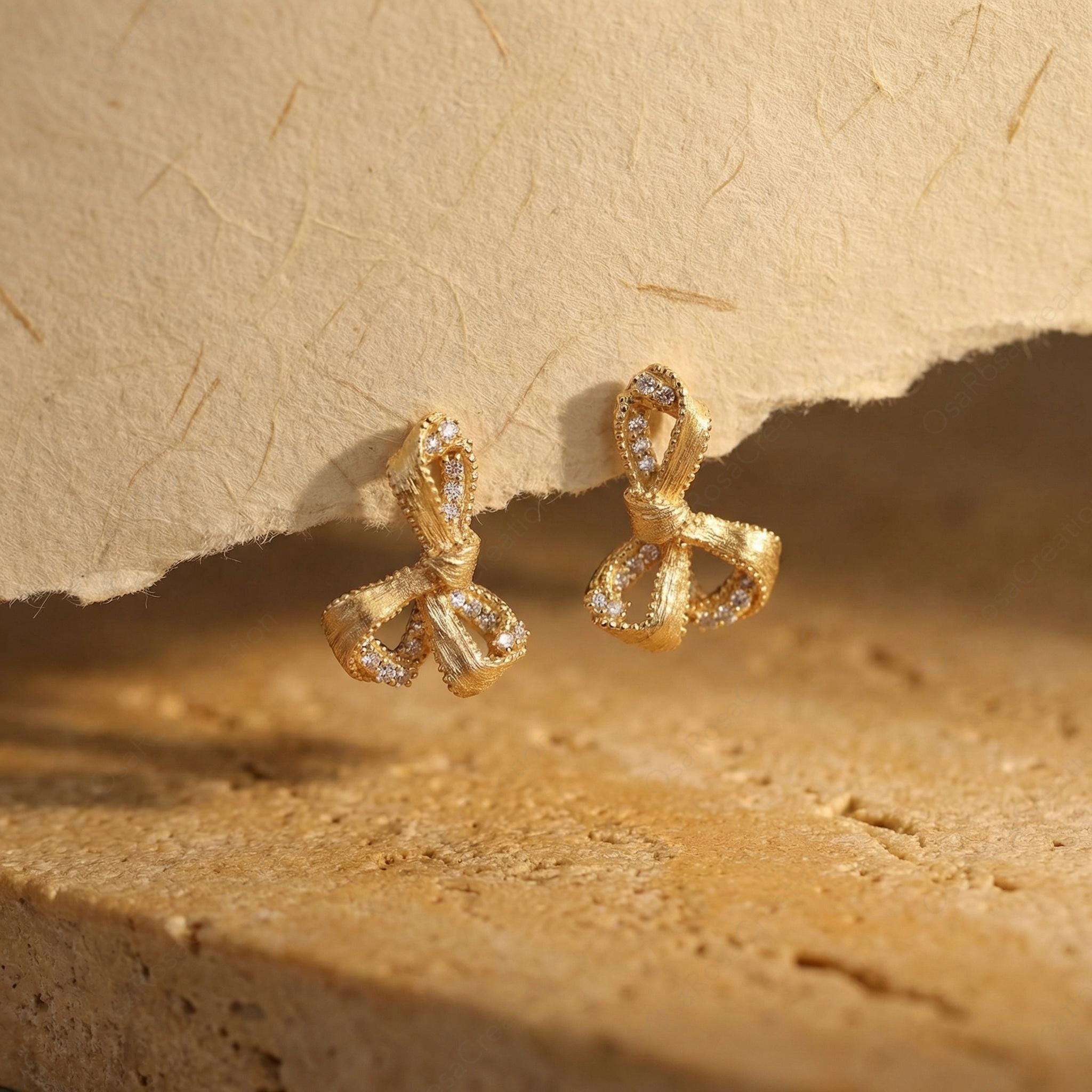 Gold Ribbon Crystal Stud Earrings | Vintage Style Bridal Jewelry