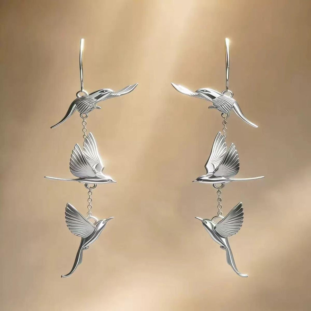 Golden Lark Dangle Earrings | 925 Sterling Silver Hooks | Bird-Inspired Long Earrings | Nature Jewelry Gift for Her | Lightweight Statement
