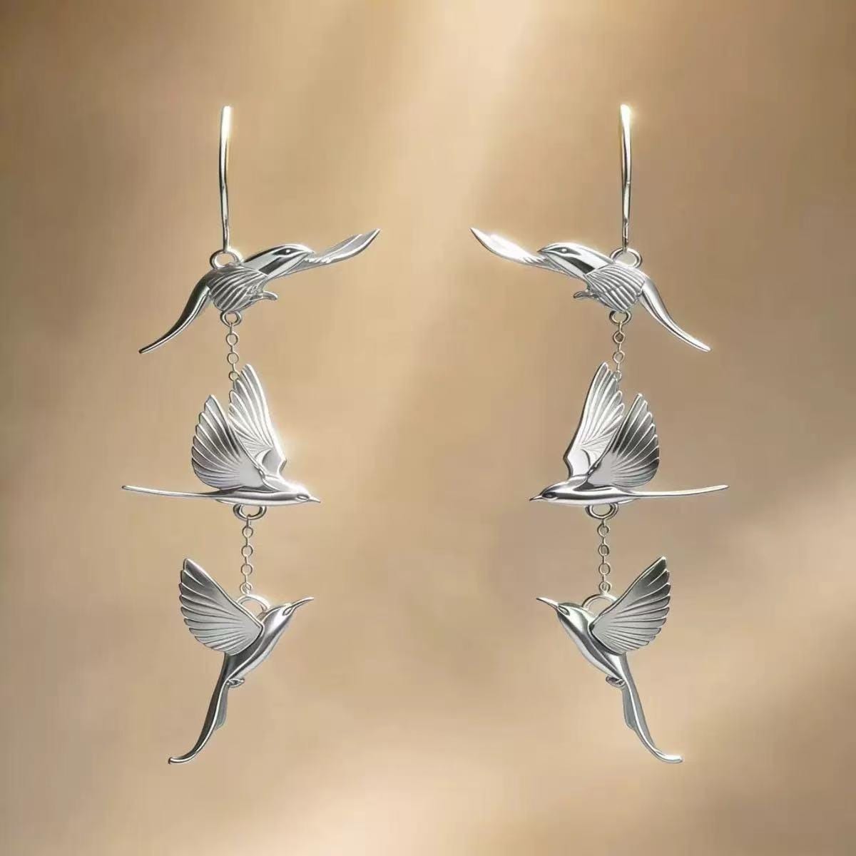 Golden Lark Dangle Earrings | 925 Sterling Silver Hooks | Bird-Inspired Long Earrings | Nature Jewelry Gift for Her | Lightweight Statement