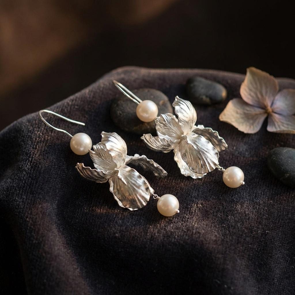 Silver Orchid Pearl Dangle Earrings • Botanical Bridal Jewelry