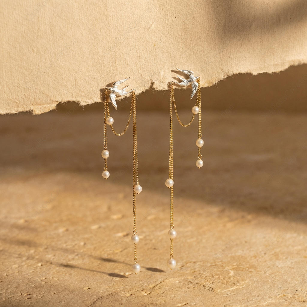Silver Bird Pearl Drop Earrings: Nature Inspired Bridal Jewelry