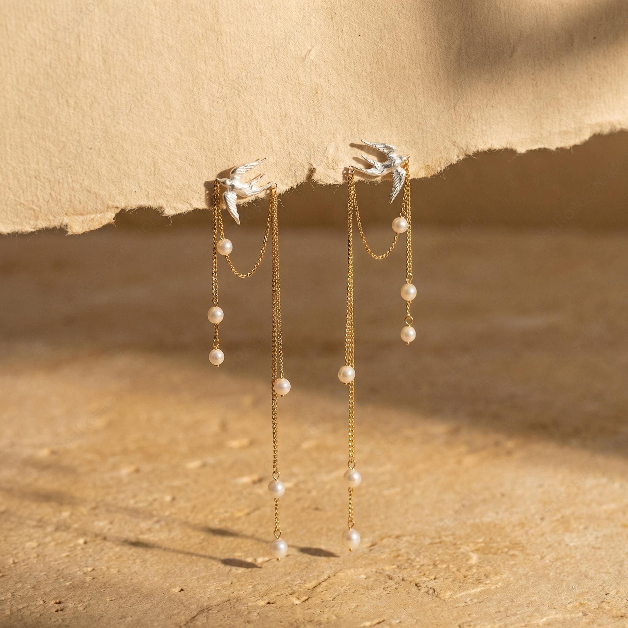 Silver Bird Pearl Drop Earrings: Nature Inspired Bridal Jewelry