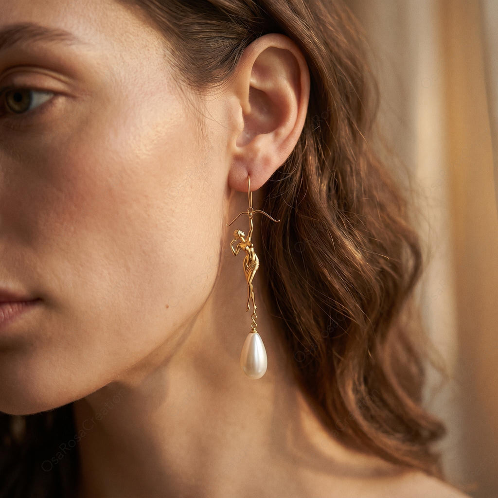 Sagittarius Earrings, Gold Archer Pearl Drop Earrings, Zodiac Statement Earrings, Sculptural Figure Jewelry
