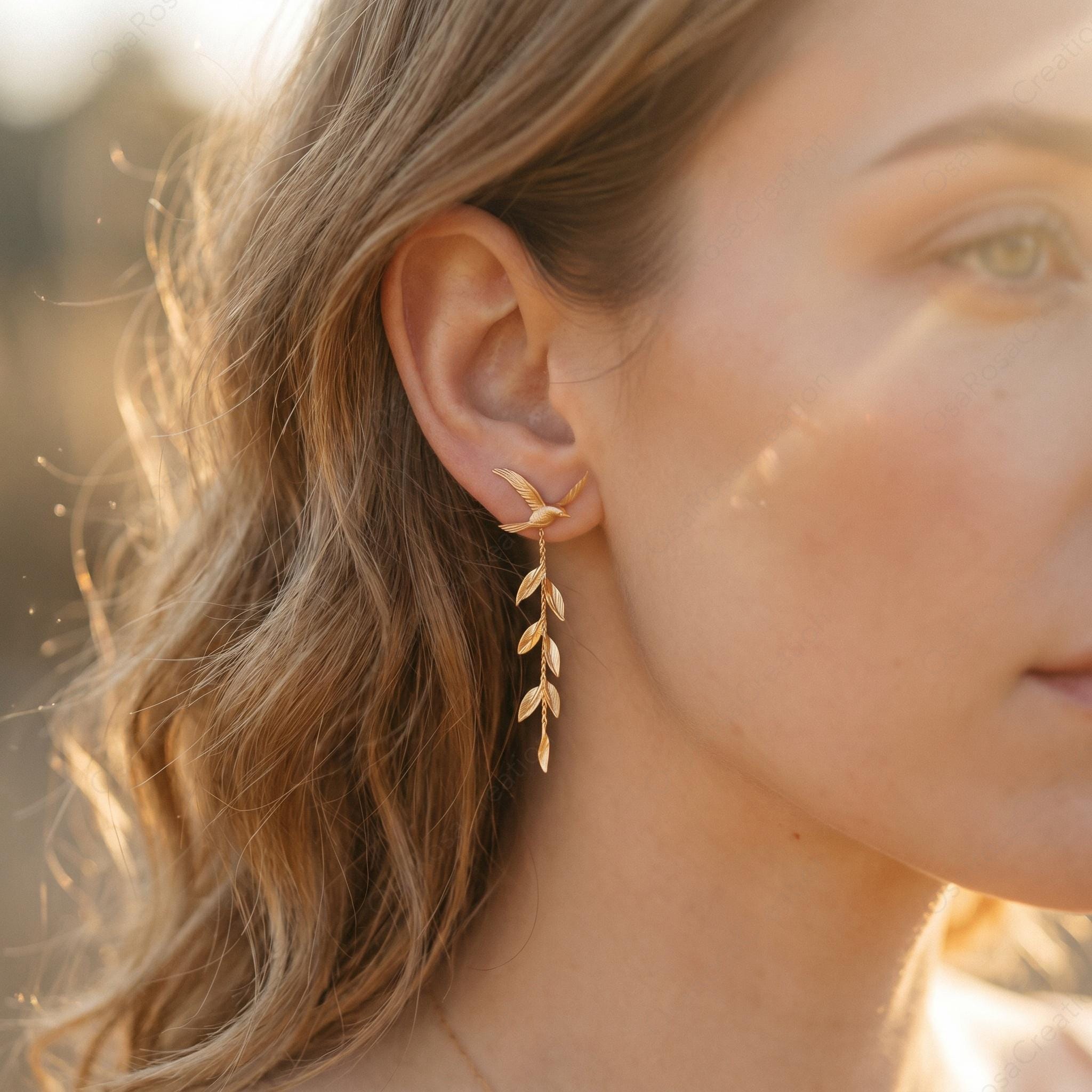 Gold Swallow Earrings • Olive Branch Dangle, Boho Bridal • 18K gold plated
