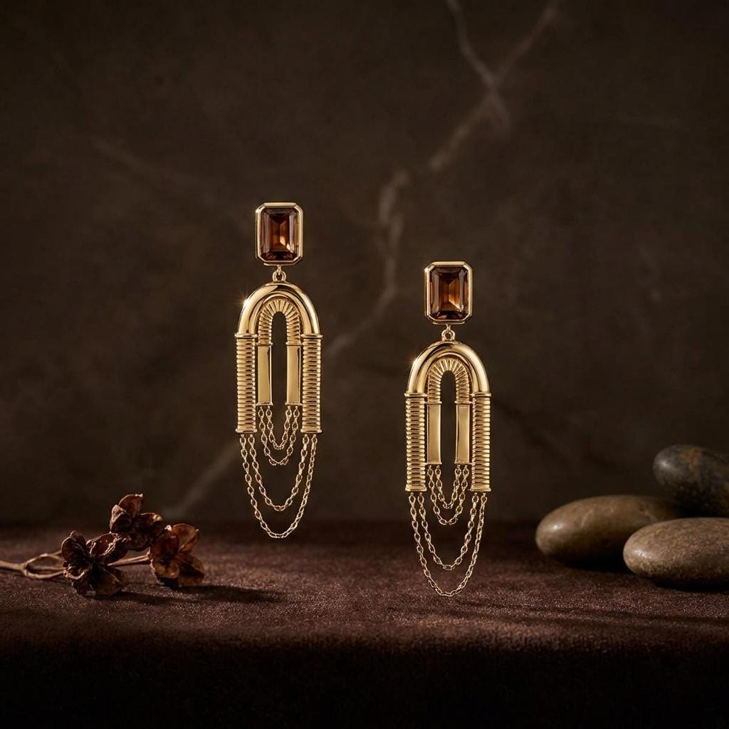 Art Deco Dangle Earrings • Gold Arch, Smoky Crystal, Chain Tassel