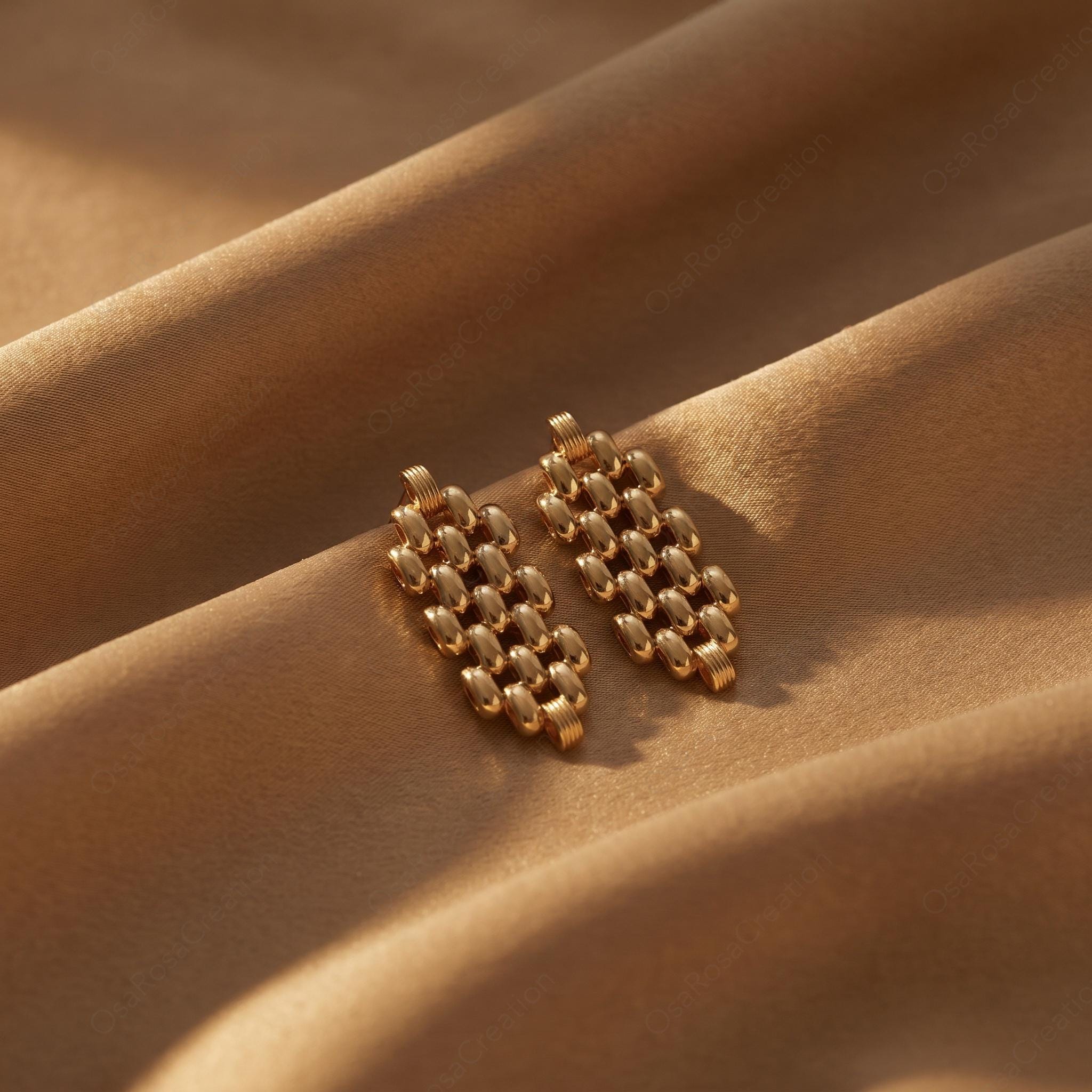 Chunky Gold Woven Drop Earrings, Architectural Statement Jewelry, Vintage Style Gift