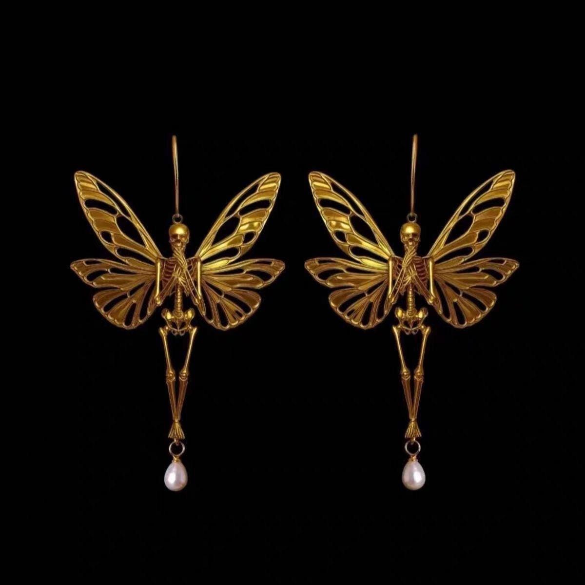 Butterfly Fairy Bone Earrings, Gold Pearl Drop, Ethereal Gothic