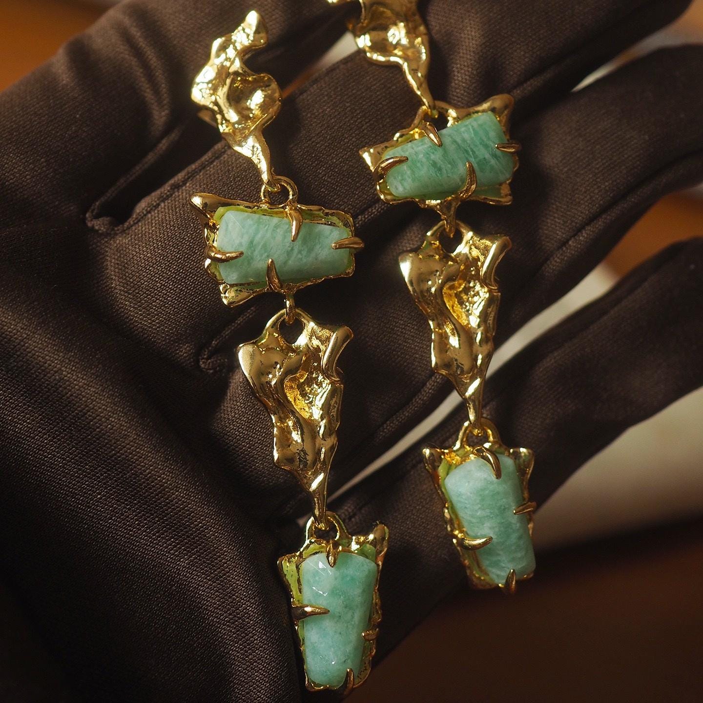 Gold Jade Dangle Earrings, Sculptural Baroque Style, Sterling Silver Post