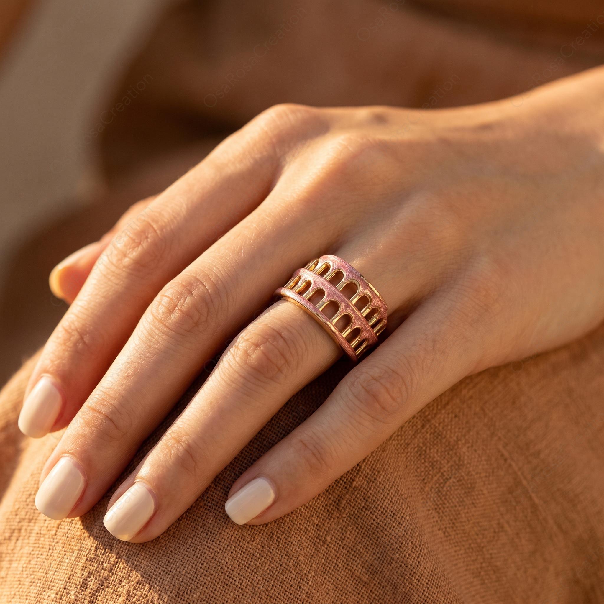 Roman Colosseum Ring, Pink Enamel Architectural Jewelry, Gold Plated Statement Ring