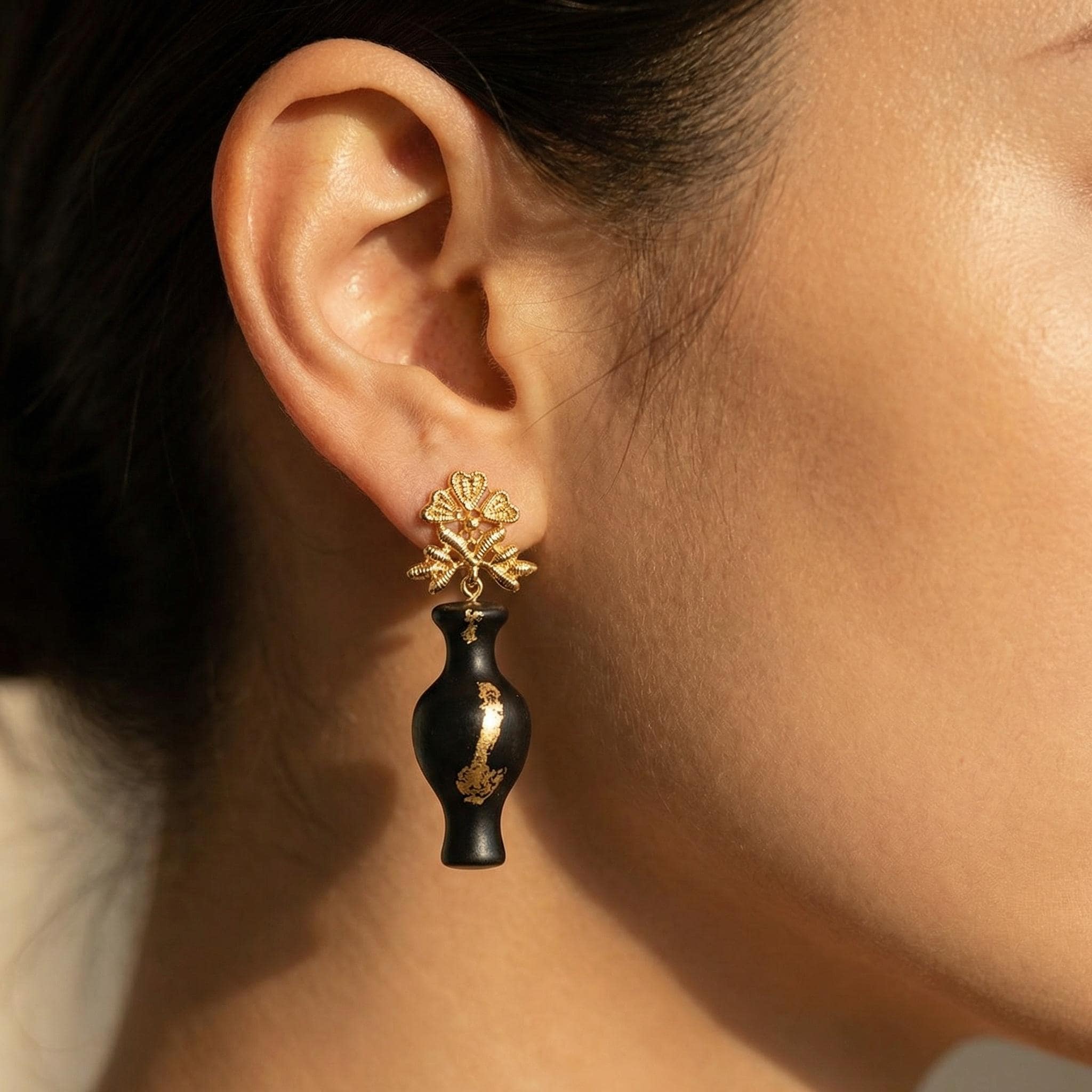 Kintsugi Vase Earrings • Gold Foil Black Ebony Style Drop