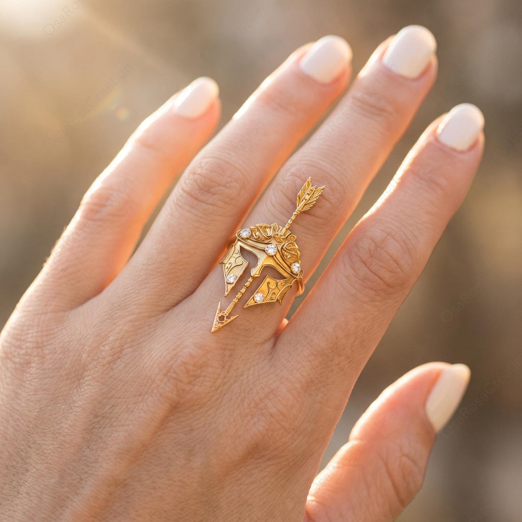 Spartan Helmet Gold Ring, Arrow Pierced Armor Jewelry, Classical Warrior Statement Ring, Sculptural Ancient Greek Inspired Ring