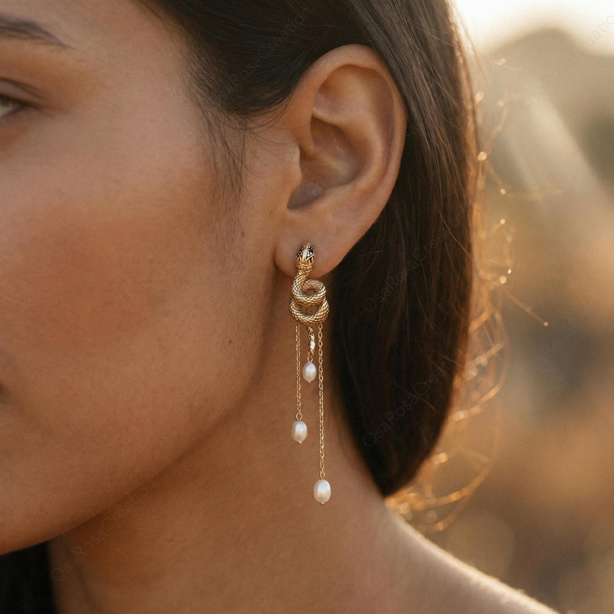 Gold Serpent Drop Earrings with Pearl Tassels, Artistic Statement Jewelry