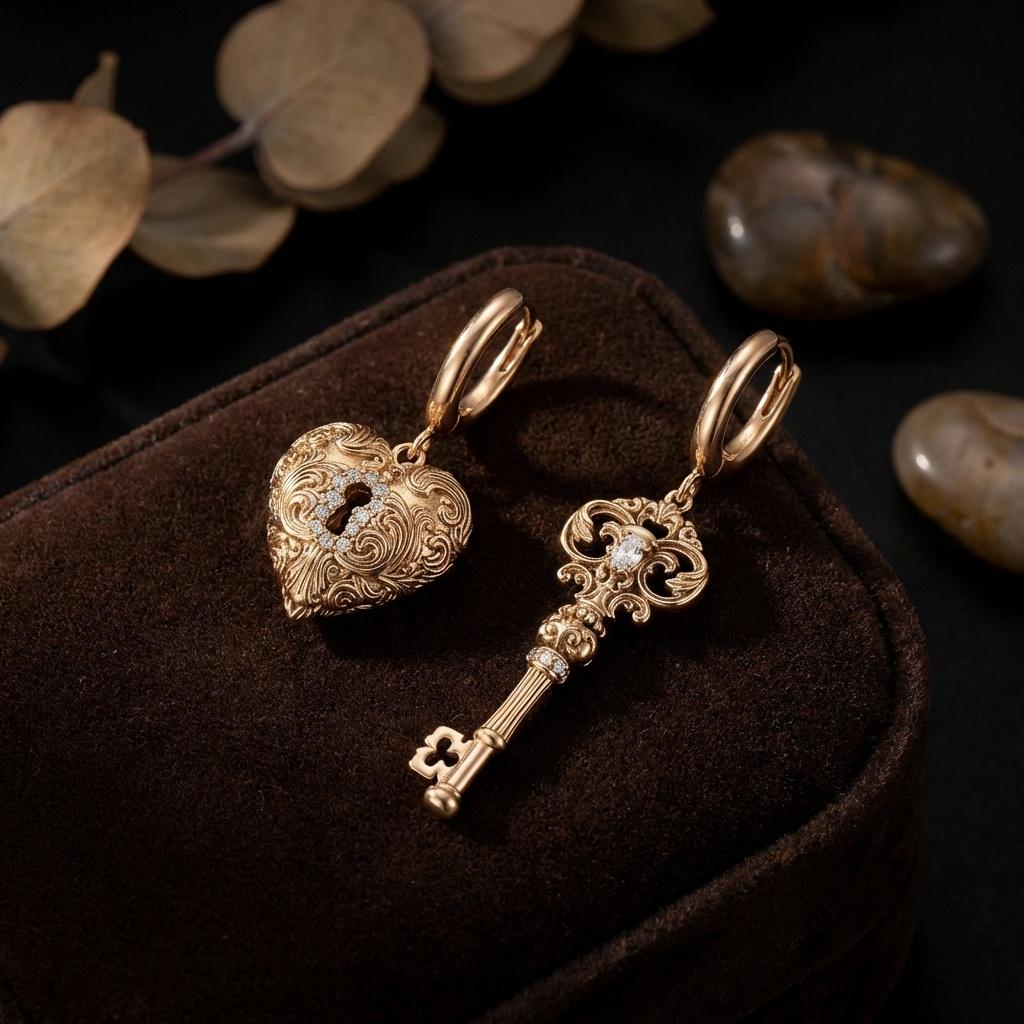 Mismatched Key & Heart Lock Earrings • Baroque Gold Huggies