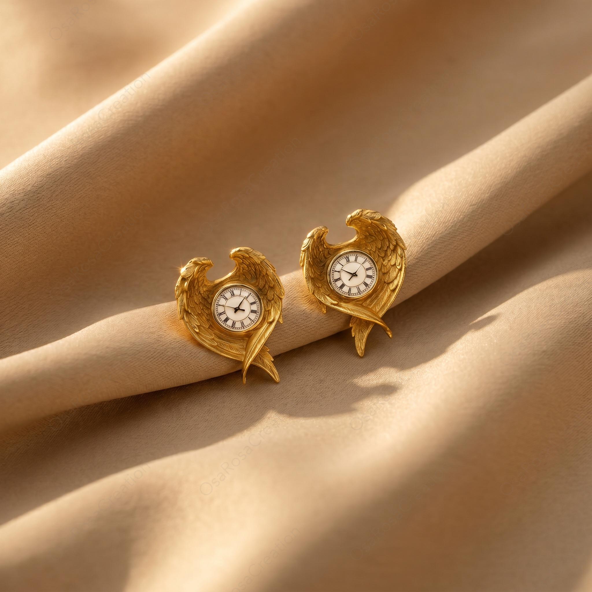 Gold Angel Wing Clock Earrings, Vintage Timepiece Studs, Surrealist Art Jewelry