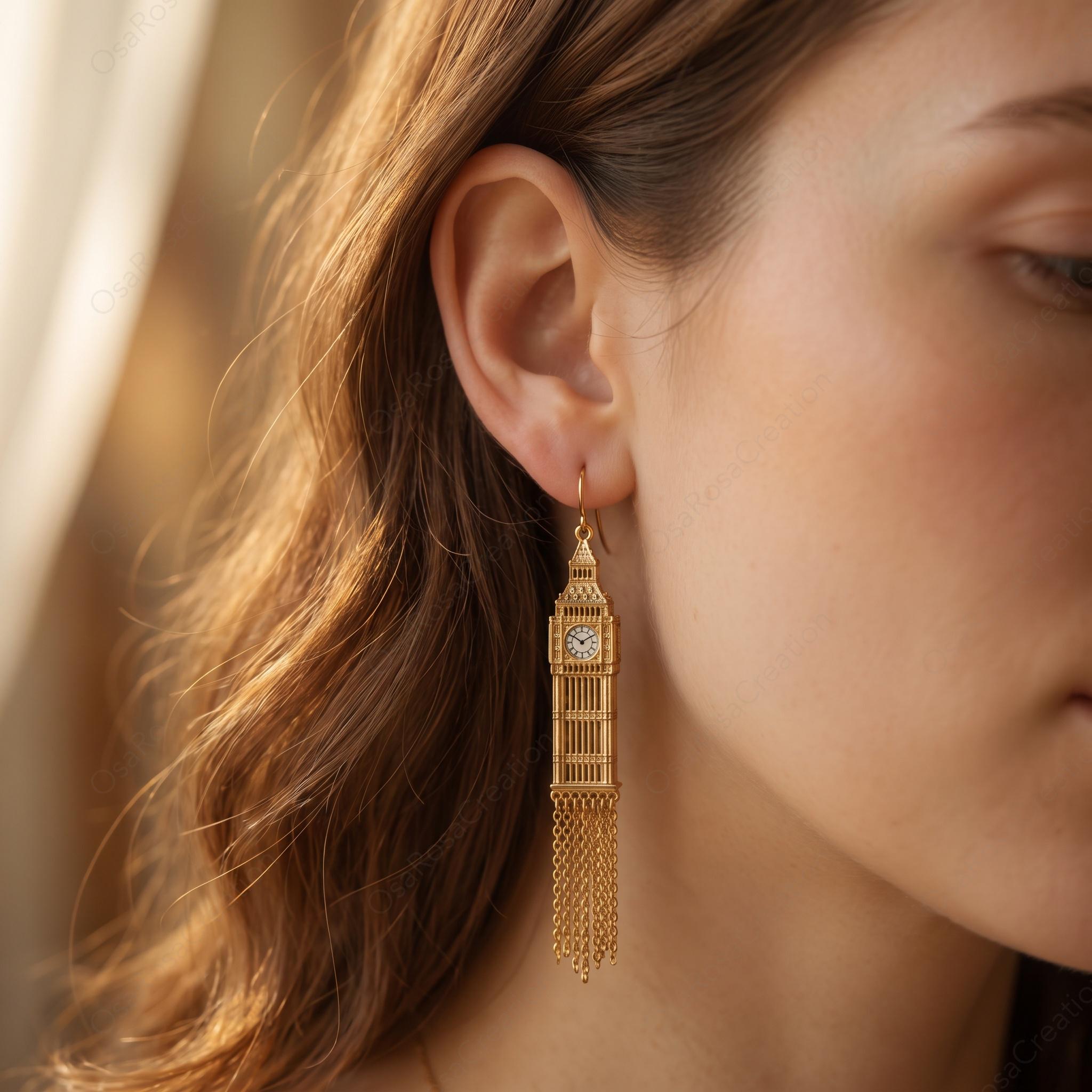 Big Ben Dangle Earrings, Architectural Tassel Drop Earrings