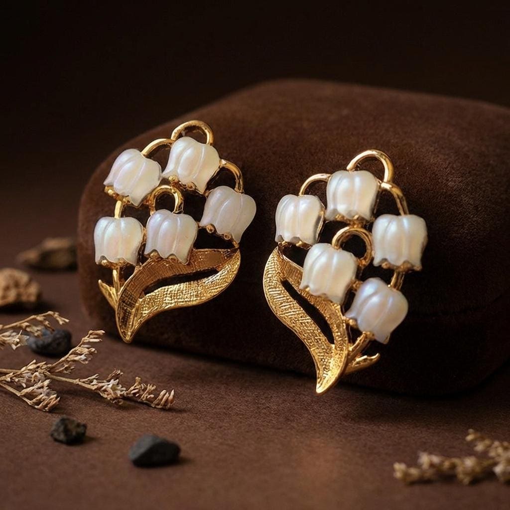 Lily of the Valley Earrings • Pearl Muguet Flower Studs • Vintage Botanical Jewelry