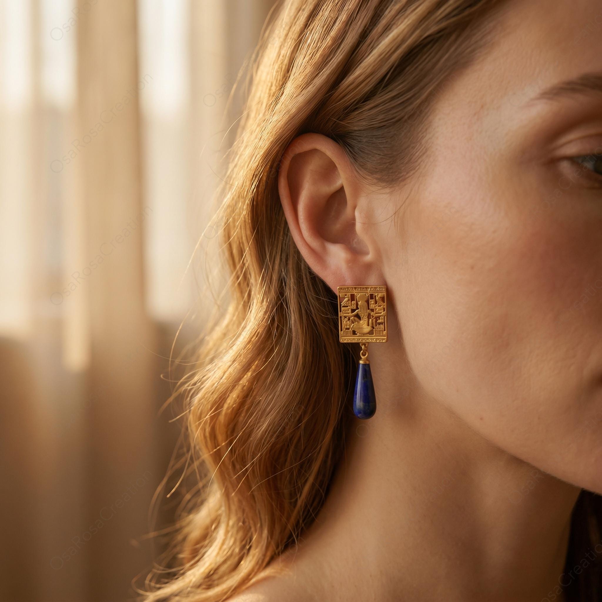 Ancient Egyptian Earrings with Lapis Lazuli Drop | Egyptian Goddess Jewelry