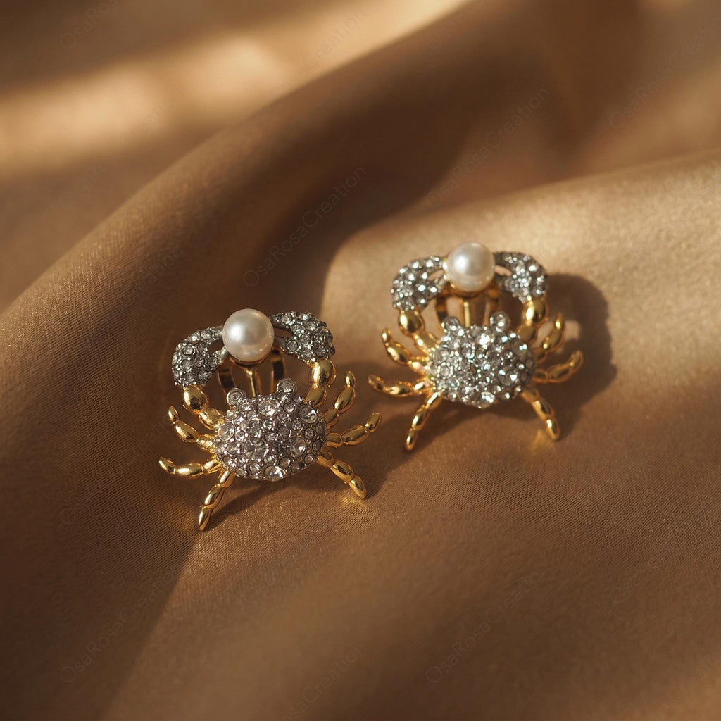 Crystal Crab Earrings with Pearl | Ocean Inspired Studs | Coastal Chic Jewelry | Nautical Summer Accessories | Unique Beach Vacation Gift