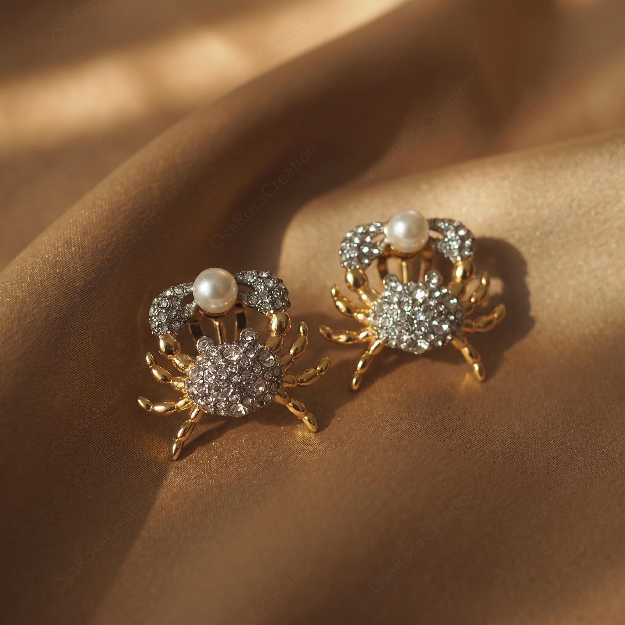 Crystal Crab Earrings with Pearl | Ocean Inspired Studs | Coastal Chic Jewelry | Nautical Summer Accessories | Unique Beach Vacation Gift