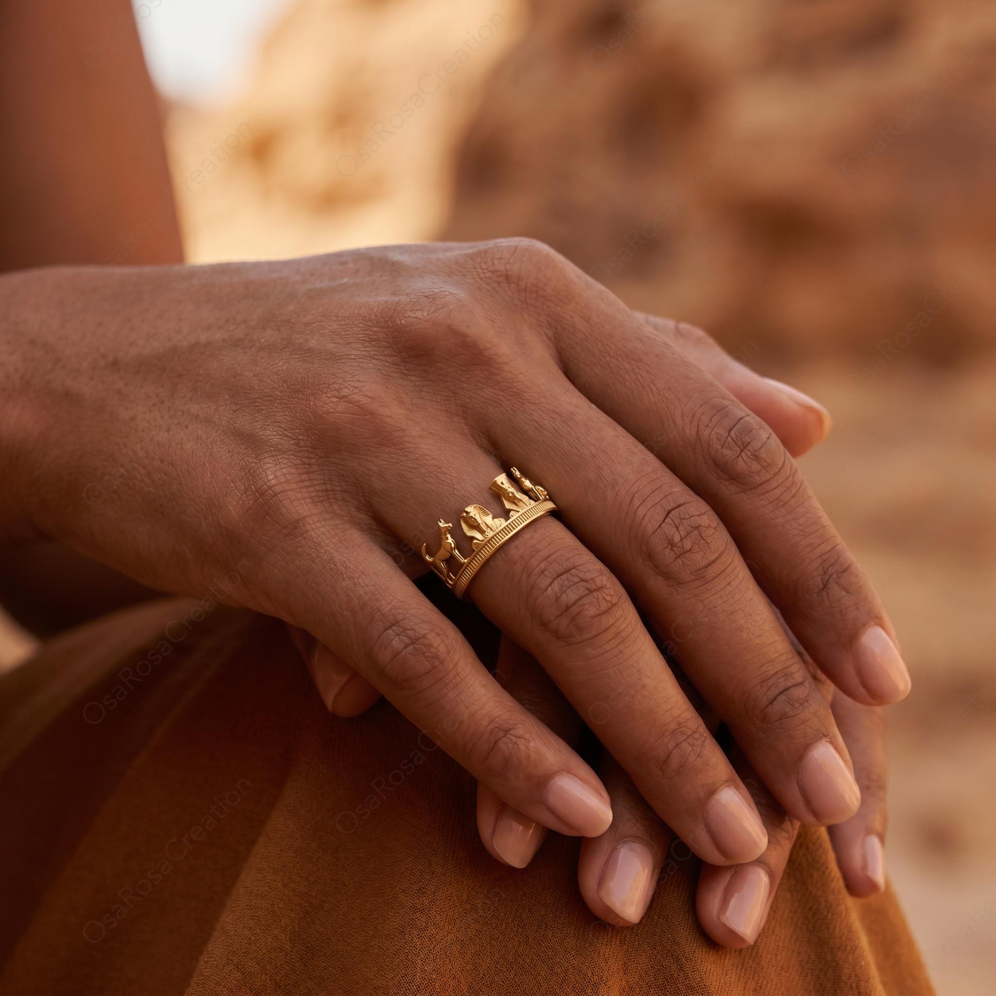 Gold Anubis Pharaoh Ring, Sculptural Statement Jewelry, Copper Plated Band