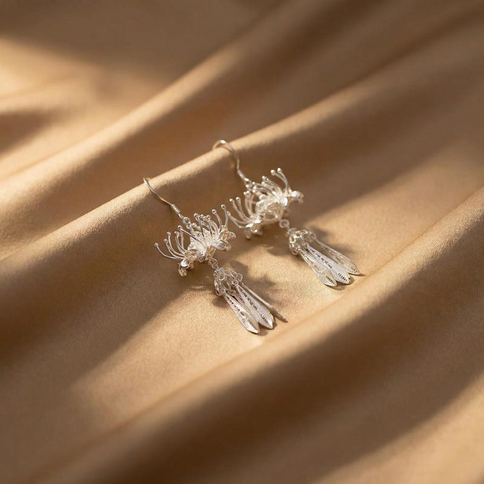 Spider Lily Filigree Drop Earrings – Sterling Silver Floral Dangles, Elven Fantasy Jewelry