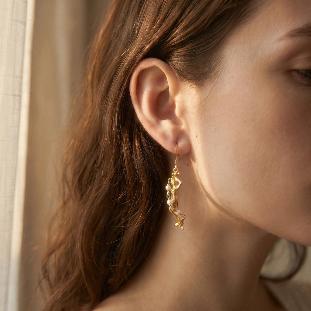 Gold Plated Mermaid Earrings | Siren, Pearl Accents, Hook or Clip