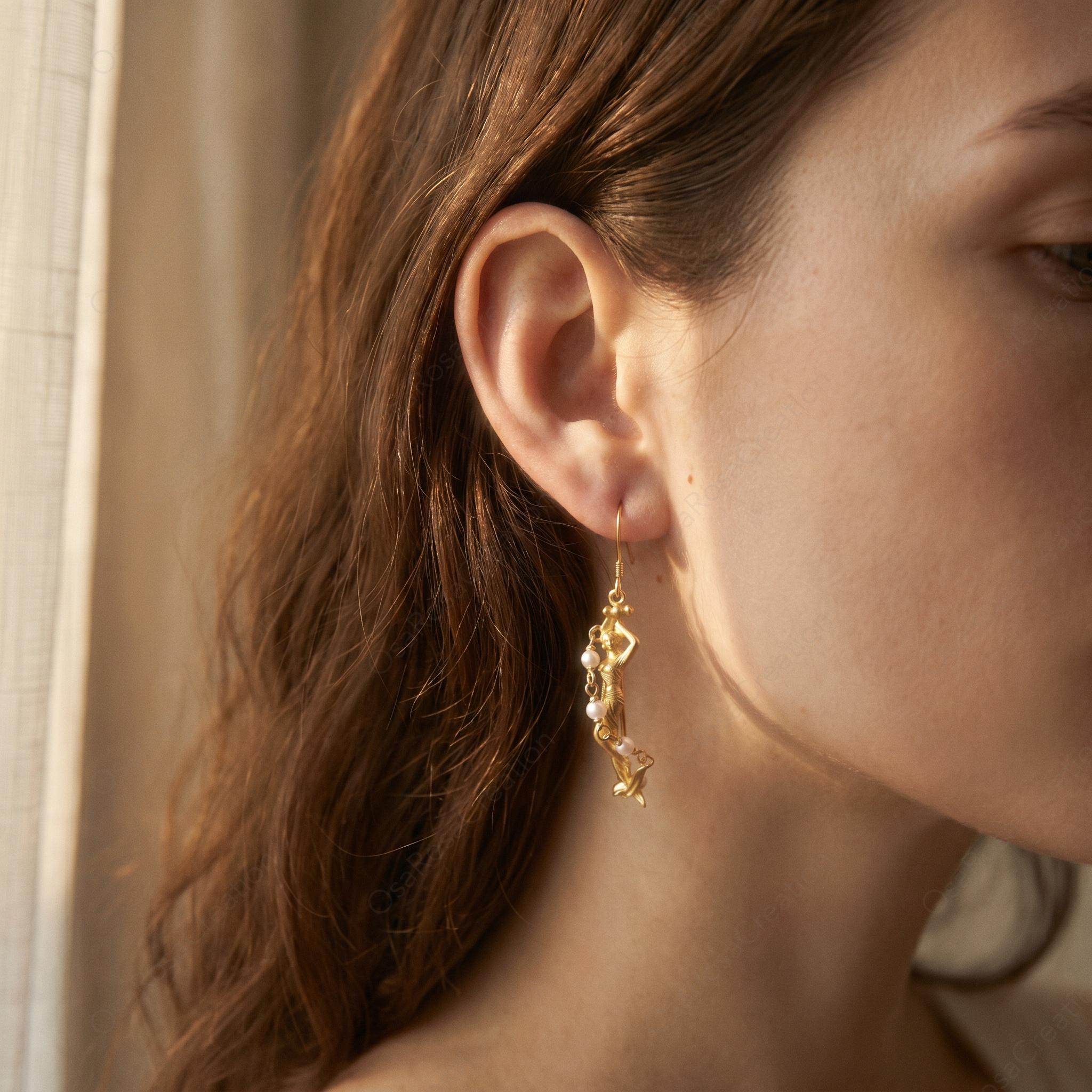 Gold Plated Mermaid Earrings | Siren, Pearl Accents, Hook or Clip