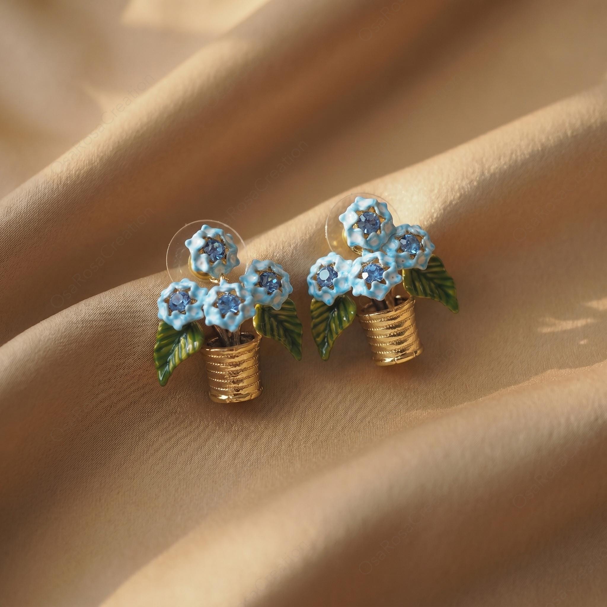 Blue Floral Basket Earrings, Vintage Enamel Flower Studs, French Garden Jewelry, Botanical Gold Earrings, Elegant Spring Accessory
