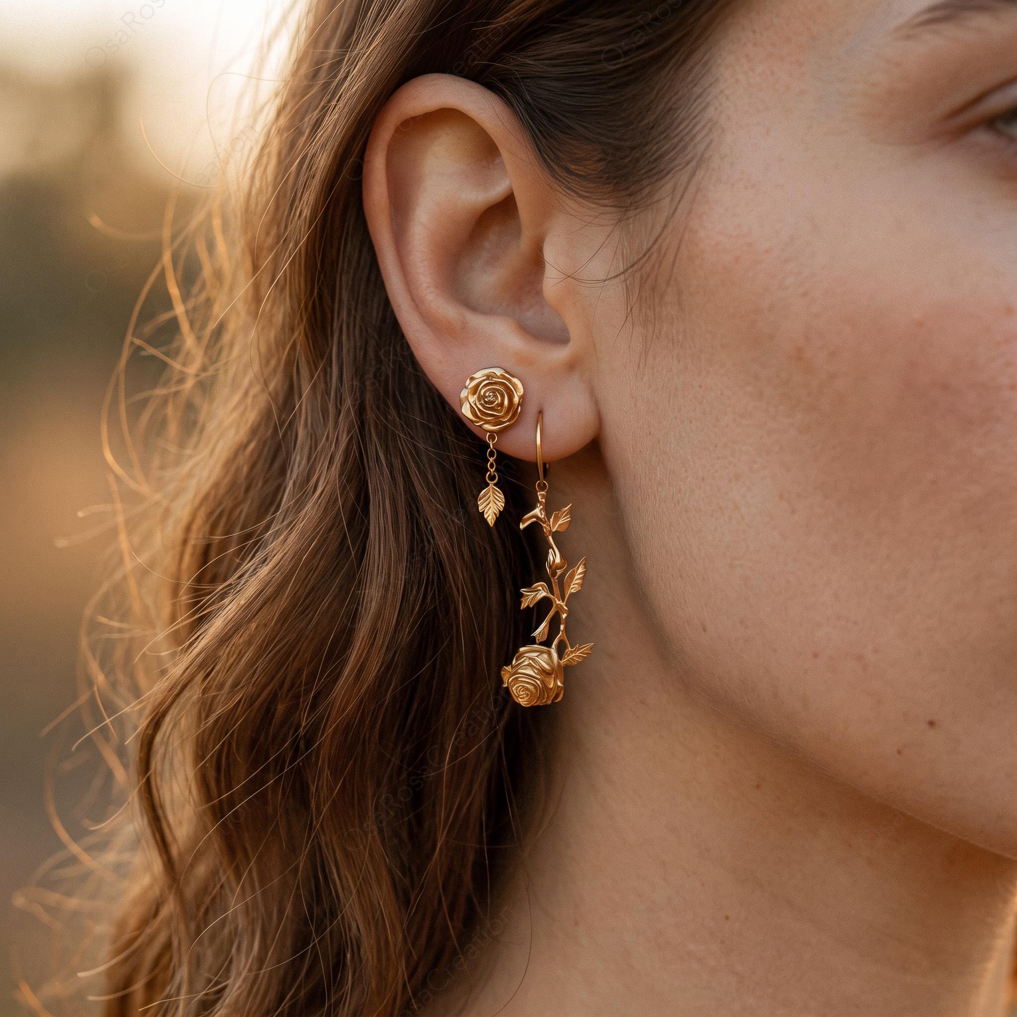 Asymmetrical Rose Earrings • 18k Gold Plated, Sterling Silver Posts