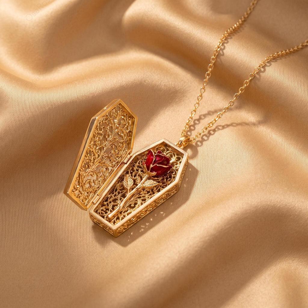 Vintage Gold Coffin Locket Necklace, Red Rose Filigree Pendant, Gothic Romance Jewelry, Victorian Secret Locket, Dark Academia Gift for Her