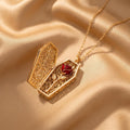 Vintage Gold Coffin Locket Necklace, Red Rose Filigree Pendant, Gothic Romance Jewelry, Victorian Secret Locket, Dark Academia Gift for Her