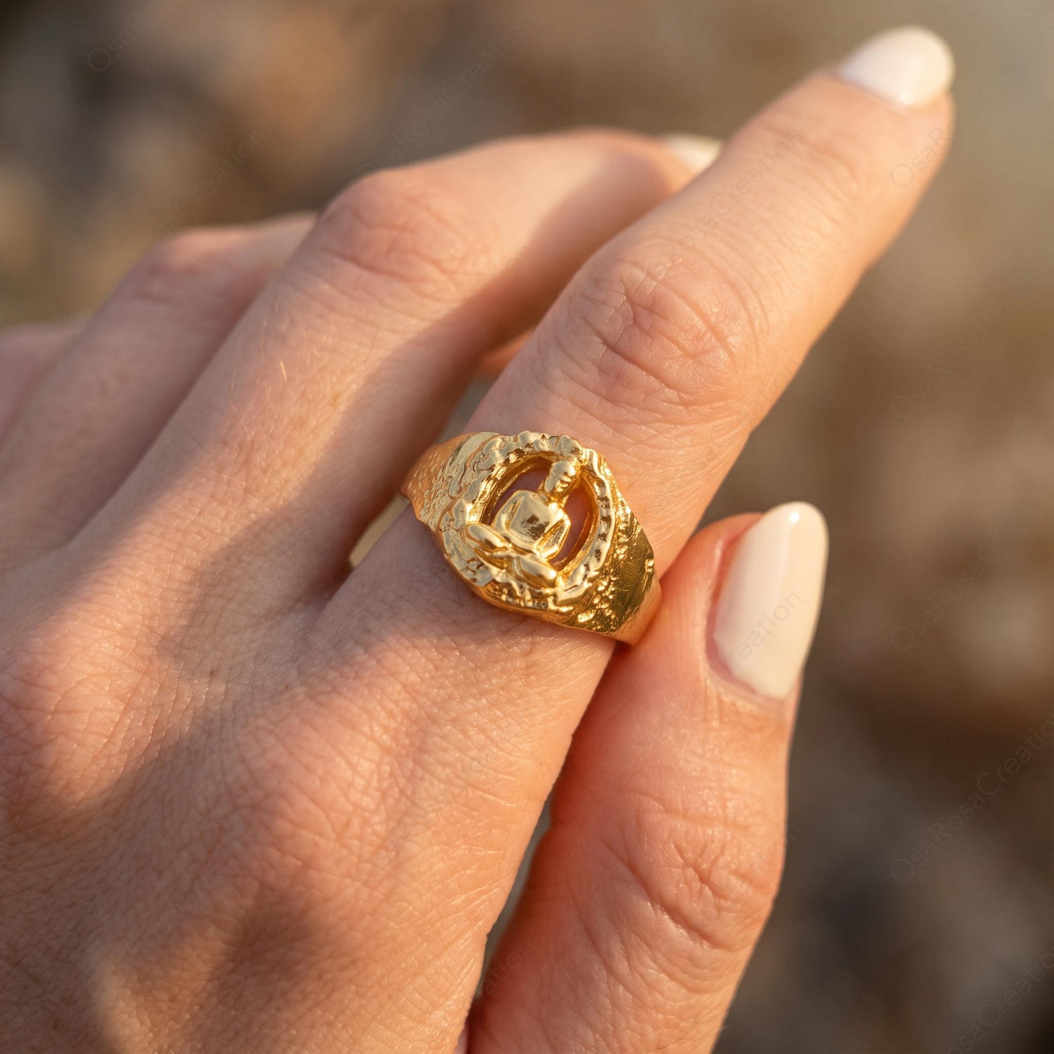 Gold Buddha Ring, Sculptural Zen Meditation Jewelry, Hollow Out Statement Ring