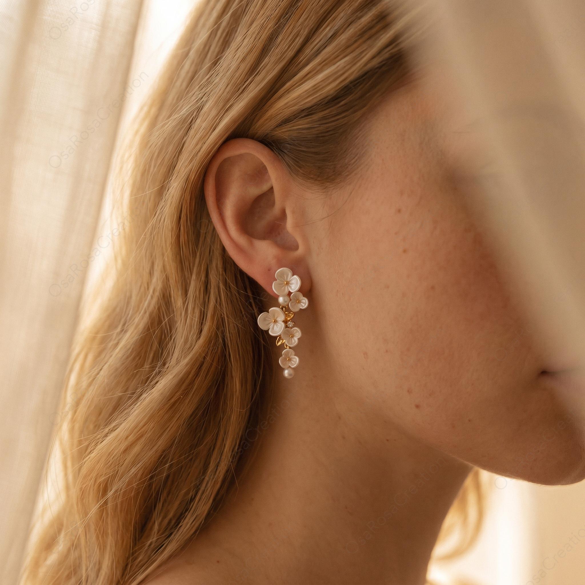 Floral Drop Earrings, Cascading Flower Dangle Earrings, Botanical Bridal Jewelry, Nature Inspired Elegant Wedding Accessories for Her